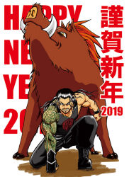  1boy 2019 arm_tattoo black_boots black_gloves black_hair black_pants blue_eyes boar boots chinese_zodiac clenched_hands clenched_teeth commentary_request gloves happy_new_year hozun1985 long_hair looking_at_viewer male_focus muscular muscular_male on_one_knee pants pig roman_reigns sleeveless smile tattoo teeth tusks wwe year_of_the_pig yellow_eyes 