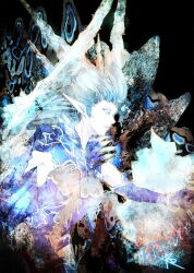 1girl blue_cape blue_gloves breasts cape colored_skin commentary copyright_name elbow_gloves elezen elf final_fantasy final_fantasy_xiv gloves grey_hair holding holding_shield holding_sword holding_weapon ice long_hair medium_breasts pointy_ears ruka_(blueplus84) shield shiva_(final_fantasy) signature solid_eyes solo sword weapon white_skin ysayle_dangoulain 