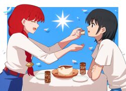  2girls black_eyes black_hair blue_background blue_skirt border braid can closed_eyes commentary drink_can eiryu33 falling_petals feeding food_request from_side holding_utensil jpeg_artifacts lara_(sayonara_lara) long_hair long_sleeves multiple_girls ootsu_mari open_mouth outside_border petals plate profile red_hair sayonara_lara shirt short_hair short_sleeves simple_background single_braid skirt smile t-shirt table white_border white_shirt 