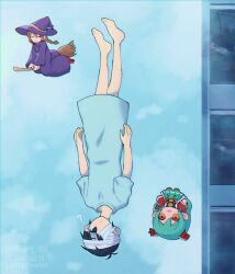  1boy 1girl ? antenna_hair arms_at_sides bandage_over_one_eye bandaged_head bandages barefoot black_hat blue_sky braid broom broom_riding character_doll closed_eyes closed_mouth commentary day doll double-parted_bangs english_commentary hair_between_eyes hat hospital_gown indie_virtual_youtuber long_sleeves low_twin_braids madotsuki maromichan omocat_(character) omori outdoors red_shoes shoes short_hair short_sleeves sky spoilers stuffed_toy sunny_(hospital_gown)_(omori) sunny_(omori) sweat twin_braids twitter_username upside-down witch witch_hat yume_nikki 