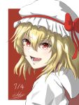  1girl banzaibanzaibanzai blonde_hair commentary_request fang flandre_scarlet from_side hair_between_eyes hat hat_ribbon highres looking_to_the_side lower_teeth medium_hair mob_cap open_mouth puffy_short_sleeves puffy_sleeves red_background red_eyes red_ribbon red_vest ribbon sharp_teeth shirt short_sleeves simple_background solo teeth touhou upper_body vest white_headwear white_shirt 