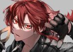  1boy bangs black_coat black_gloves coat diluc_(genshin_impact) english_commentary genshin_impact gloves grey_background hiiro_(coinxtossxdive) holding long_hair long_sleeves looking_at_viewer male_focus parted_lips ponytail portrait red_eyes redhead simple_background solo twitter_username 