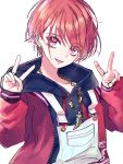  1boy ear_piercing hood hood_down hoodie jewelry long_sleeves looking_at_viewer male_focus maruyama_reo multicolored_clothes open_mouth paradox_live piercing red_eyes redhead ring riria_arank short_hair smile solo v white_background 