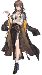  1girl absurdres animal_tattoo artist_request beatrice_(poker_fate) black_jacket black_shoes black_skirt bracelet breasts brown_eyes brown_hair character_name collarbone double-parted_bangs food game_asset gloves hair_intakes highres holding holding_food jacket jewelry leather leather_gloves leather_jacket leather_skirt letter_earrings long_skirt medium_breasts medium_hair official_art pencil_skirt poker_fate rope_choker shirt shoes skirt sleeves_rolled_up socks solo white_shirt white_socks 