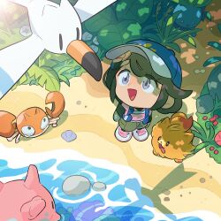  1girl :3 anjohink arm_up baseball_cap black_gloves black_hair blue_hat chibi closed_mouth commentary corsola day english_commentary eyelashes female_protagonist_(pokemon_ww) fern fingerless_gloves flower flying gloves grass hat highres krabby leaf lens_flare looking_up oddish open_mouth outdoors pink_shirt pokemon pokemon_(creature) pokemon_winds_and_waves pombon rock seashell shadow shell shirt shoes shore smile tongue tongue_out violet_eyes water white_shoes wingull 