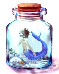  1boy blue_eyes blue_tail brown_hair caustics commentary_request corked_bottle crab expressionless full_body glass_bottle holding holding_weapon keyblade kingdom_hearts male_focus merfolk merman mini_person miniboy monster_boy nipples nora_(s-blossom) short_hair solo sora_(kingdom_hearts) spiky_hair topless_male underwater water weapon 