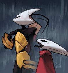  2girls arito_meew arthropod_girl black_skin cloak colored_skin highres hollow_knight hollow_knight:_silksong hornet_(hollow_knight) long_tongue mask meme multiple_girls open_mouth rain red_cloak shakra_(hollow_knight) shiny_skin tongue tongue_out wet 