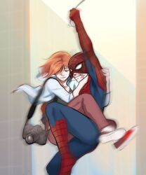  2girls absurdres commentary eyepatch green_hair highres hug jujutsu_kaisen kugisaki_nobara lumen_sky multiple_girls orange_hair scar scar_on_face short_hair spider-man zen'in_maki zen'in_maki_(post-shibuya) 