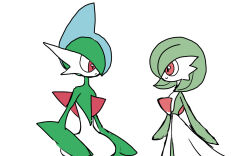  1boy 1girl blue_hair bob_cut closed_mouth colored_skin commentary_request couple expressionless eye_contact flat_chest flat_color from_side gallade gardevoir green_hair green_skin hair_over_one_eye happy looking_at_another mohawk monya multicolored_hair multicolored_skin one_eye_covered pokemon pokemon_(creature) profile red_eyes short_hair simple_background sketch smile standing two-tone_hair two-tone_skin upper_body white_background white_skin 