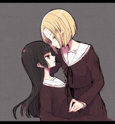  2girls adelheid_muller ai_tanaka black_eyes black_hair blonde_hair commentary_request engawa_(osstbti) grey_background highres long_hair mahou_shoujo_ikusei_keikaku mahou_shoujo_ikusei_keikaku_black multiple_girls school_uniform short_hair skirt umemizaki_middle_school_uniform yuri 