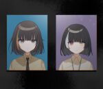  2girls bangs black_hair black_necktie brown_hair closed_mouth collared_shirt commentary_request expressionless girls_frontline heterochromia highres lanyard long_hair looking_at_viewer m16a1_(girls&#039;_frontline) mole mole_under_eye multicolored_hair multiple_girls necktie no_eyepatch portrait portrait_(object) red_eyes ro635_(girls&#039;_frontline) shirt streaked_hair taiyang_ami white_hair yellow_eyes 