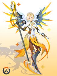  1girl absurdres armor blonde_hair blue_eyes bodysuit full_body gun halo handgun highres leg_armor mechanical_halo mercy_(overwatch) overwatch pantyhose pelvic_curtain short_hair solo weapon wings yellow_wings 