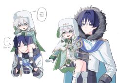  ... 1boy 1girl arms_at_sides arms_on_head black_gloves blunt_ends blush braid braid_over_shoulder bright_pupils cape capelet carrying child_carry closed_mouth commentary_request cross-shaped_pupils dress epaulettes feathers fur_hat fur_hood genshin_impact gloves gold_trim green_cape green_dress green_eyes green_hair green_hat green_sleeves grey_hood hair_intakes hat highres holding_another's_foot hood hood_down hood_up hooded_cape jacket korean_commentary korean_text lapels long_hair long_single_sidelock long_sleeves looking_at_another looking_down low-braided_long_hair low-tied_long_hair multicolored_hair nahida_(genshin_impact) nahida_(nord_express)_(genshin_impact) notched_lapels official_alternate_costume official_alternate_hairstyle open_mouth pom_pom_(clothes) purple_scarf pyong_deog scaramouche_(genshin_impact) scarf shirt shoulder_carry size_difference speech_bubble spoken_ellipsis streaked_hair sweatdrop symbol-shaped_pupils tareme teeth translation_request tsurime two-sided_cape two-sided_fabric two-sided_headwear upper_teeth_only ushanka wanderer_(genshin_impact) wanderer_(nord_express)_(genshin_impact) white_cape white_capelet white_gloves white_hair white_hat white_jacket white_pupils white_shirt white_sleeves winter_clothes wispy_bangs wolf_cut yellow_feathers 