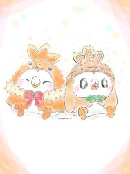  bright_pupils brown_hat closed_eyes closed_mouth commentary_request cosplay full_body green_eyes hat highres hinata_(usagimoti_19) no_humans open_mouth original pokemon pokemon_(creature) pokemon_focus rowlet simple_background sitting torchic torchic_(cosplay) twitter_username white_background white_pupils 