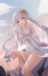  1girl absurdres blue_sky blush clouds cloudy_sky crying crying_with_eyes_open dress grimlight highres little_mermaid_(grimlight) long_hair looking_at_viewer open_mouth orange_eyes outstretched_arm sky starfish_hair_ornament tears white_hair zuu_1028 