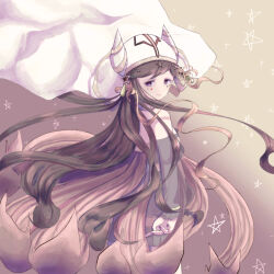  1girl black_eyes black_hair closed_mouth commentary_request dress horns long_hair magical_girl mahou_shoujo_ikusei_keikaku mahou_shoujo_ikusei_keikaku_limited nana_shichiam pity_frederica purple_nails star_(symbol) star_ornament star_print white_hood 