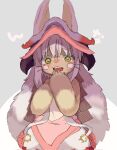  1other androgynous brown_fur ears_through_headwear fake_horns furry helmet highres horizontal_pupils horned_helmet horns made_in_abyss nanachi_(made_in_abyss) noamem open_mouth other_focus solo sweatdrop whiskers white_hair yellow_eyes 