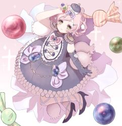  1girl blonde_hair blue_bow blue_gem bluebell_candy bow candy closed_mouth commentary_request dress elbow_gloves food frilled_dress frills gem gloves green_eyes hair_ornament hat high_heels looking_at_viewer magical_girl mahou_shoujo_ikusei_keikaku mahou_shoujo_ikusei_keikaku_aces nana_shichiam short_hair single_elbow_glove smile 