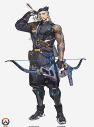  1boy armor beard black_hair dragon_tattoo erober facial_hair gloves hanzo_(overwatch) high_ponytail highres leg_armor multicolored_hair muscular muscular_male overwatch ponytail shoulder_armor solo tattoo weapon white_background 