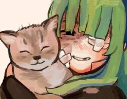  1girl animal bandage_on_face bandage_over_one_eye bandages burn_scar cat ciconia_no_naku_koro_ni commentary_request eyebrows_hidden_by_hair green_hair holding holding_animal holding_cat io_(onisarashi) koshka_(ciconia) long_bangs missing_tooth portrait scar smile solo 
