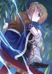  1girl arm_warmers back_bow black_shoes black_skirt blonde_hair blue_eyes bow brown_shirt closed_mouth dated highres leg_warmers looking_at_viewer mizuhashi_parsee mizuni_takenoko on_railing pointy_ears railing scarf shirt shoes short_hair short_sleeves skirt smile solo touhou twitter_username white_arm_warmers white_bow white_leg_warmers white_scarf 