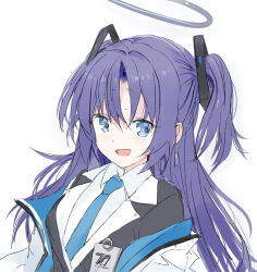  1girl :d black_jacket blue_archive blue_eyes blue_necktie blush breasts coat collared_shirt commentary_request core_(mayomayo) dress_shirt hair_between_eyes hair_ornament halo highres id_card jacket jacket_partially_removed long_hair long_sleeves looking_at_viewer mechanical_halo medium_breasts necktie off_shoulder open_clothes open_coat open_jacket open_mouth parted_bangs purple_hair school_uniform shirt sidelocks simple_background sketch smile solo teeth two-sided_fabric two-sided_jacket two_side_up upper_body upper_teeth_only very_long_hair white_background white_coat white_jacket white_shirt yuuka_(blue_archive) 