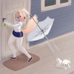  1girl ahoge animal_ear_fluff animal_ears blonde_hair blue_shorts blurry blurry_background breasts cat_ears cat_girl cat_tail colored_inner_hair dog facial_mark highres holding holding_leash holding_umbrella indie_virtual_youtuber leash medium_breasts midriff multicolored_hair navel nnyaruchi open_mouth purple_hair red_eyes second-party_source shirt shorts shyrei_faolan solo tail two-tone_hair umbrella virtual_youtuber whisker_markings white_shirt 