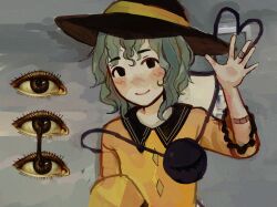  1girl bandaid bandaid_on_arm bandaid_on_finger bandaid_on_hand black_eyes black_hat commentary green_hair hat io_(onisarashi) komeiji_koishi medium_hair no_sclera smile solo surreal third_eye touhou untranslatable_commentary waving wavy_mouth 