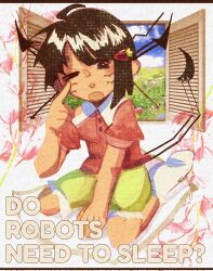  1other :o alternate_costume black_hair brown_shirt collar commentary english_commentary english_text food-themed_hair_ornament hair_ornament highres horns kneeling mechanical_horns mechanical_tail one_eye_closed puffy_short_sleeves puffy_sleeves qualia_automata shirt short_sleeves shorts single_sidelock sitting_on_pillow socks solo strawberry_hair_ornament tail tamari_(team6x111) team6x111 white_collar white_socks window window_blinds yellow_shorts yrtm_34221 