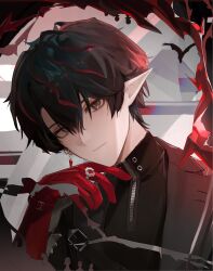  1boy arknights arknights:_endfield armor black_jacket camille_(arknights) closed_mouth earrings gloves halo highres jacket jewelry long_pointy_ears looking_at_viewer male_focus multicolored_hair pauldrons pointy_ears red_gloves rente_gu short_hair shoulder_armor single_pauldron solo spiked_halo streaked_hair 