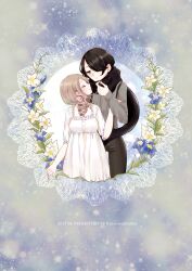  2girls ashuu_shizuku black_eyes black_hair black_pants black_scarf blonde_hair blue_flower closed_eyes closed_mouth commentary_request curly_hair dress engawa_(osstbti) flower grey_shirt habutae_nana highres holding_another's_hair mahou_shoujo_ikusei_keikaku mahou_shoujo_ikusei_keikaku_unmarked multiple_girls pants scarf shirt smile white_dress white_flower yuri 