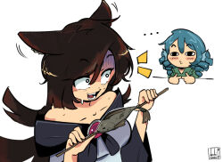  <o>_<o> ... 2girls :o animal_ear_fluff animal_ears asymmetrical_bangs black_hair black_trim blue_hair blush brooch caught collarbone commentary constricted_pupils double-parted_bangs dress drill_hair drill_sidelocks dushiido english_commentary fins fish_(food) green_kimono grey_dress hair_between_eyes head_fins holding holding_skewer imaizumi_kagerou index_fingers_together japanese_clothes jewelry kimono long_hair medium_hair multiple_girls notice_lines open_mouth puckered_lips sidelocks signature skewer solo_focus sweatdrop teeth touhou turn_pale upper_body wakasagihime wolf_ears wolf_girl 