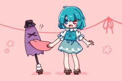  !? >_< 1girl :d aqua_hair aqua_skirt aqua_vest blue_eyes commentary_request full_body geta heterochromia karakasa_obake open_mouth pink_background purple_umbrella red_eyes salt_(saltty) shirt short_hair short_sleeves skirt smile solo standing tatara_kogasa tongue tongue_out touhou umbrella vest white_shirt 