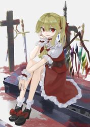  1girl absurdres ascot belt belt_buckle black_footwear blonde_hair blood blood_on_weapon brown_belt buckle coffin collared_shirt commentary_request crystal flandre_scarlet frilled_skirt frilled_sleeves frills gengetuhime hair_between_eyes hand_on_own_cheek hand_on_own_face highres medium_hair multicolored_wings nail_polish no_hat no_headwear open_mouth puffy_short_sleeves puffy_sleeves red_eyes red_nails red_skirt red_vest shirt shoes short_sleeves sitting skirt skirt_set socks solo sword tombstone touhou vest weapon white_shirt white_socks wings wrist_cuffs yellow_ascot 