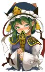  1girl blue_headwear blush covering_mouth gold_trim green_eyes green_hair hat hat_ribbon highres jonasan_(bad-t) long_sleeves looking_at_viewer ribbon rod_of_remorse shiki_eiki simple_background solo touhou white_background white_ribbon 