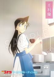  1girl anime_coloring apron black_hair blue_apron blue_eyes bowl character_name closed_mouth commentary cooking cooking_pot copyright_logo copyright_name copyright_notice cowboy_shot dress facing_to_the_side from_side highres holding holding_bowl holding_ladle indoors kettle kitchen ladle logo long_hair looking_back meitantei_conan mouri_ran official_art rice_bowl saitou_chie sample_watermark short_sleeves solo standing stove sudou_masatomo watermark white_dress 