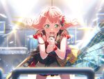 1girl angry bang_dream! blush dress drum_set green_eyes holding_microphone long_hair looking_at_viewer microphone official_art pink_hair solo stage stage_lights uehara_himari