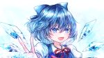  1girl :d blue_background blue_bow blue_dress blue_eyes blue_hair blue_theme bow cirno close-up commentary_request detached_wings dress hair_between_eyes hair_bow highres ice ice_wings neck_ribbon open_mouth pasumaro pinafore_dress puffy_short_sleeves puffy_sleeves red_ribbon ribbon shiny shiny_hair shirt short_hair short_sleeves smile solo touhou white_shirt wings 