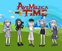  5girls :3 adventure_time ave_mujica_(bang_dream!) bang_dream! bang_dream!_it's_mygo!!!!! baseball_cap black_boots black_hair black_hat black_jacket black_shoes black_skirt blonde_hair blue_dress blue_hair boots brown_shoes cellphone commentary_request day dress grey_shirt grey_skirt hat highres holding holding_phone jacket long_hair medium_hair misumi_uika multiple_girls outdoors parody pendleton_ward_(style) phone purple_hair shirt shoes short_hair skirt smartphone smile ssami standing style_parody togawa_sakiko wakaba_mutsumi white_shirt yahata_umiri yuutenji_nyamu 