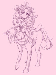  1girl bow centauroid clantail commentary_request dress flower flower_ornament frilled_dress frilled_sleeves frills hair_flower hair_ornament highres horns japanese_clothes lolita_fashion magical_girl mahou_shoujo_ikusei_keikaku mahou_shoujo_ikusei_keikaku_restart monster_girl pink_background short_hair tassel taur wa_lolita yomo_gigyoza 