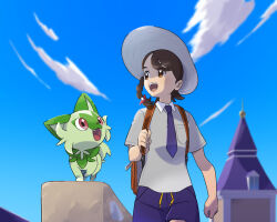  1girl :d absurdres backpack bag blurry breast_pocket brown_bag brown_eyes brown_hair clouds collared_shirt commentary_request day hat highres holding_strap juliana_(pokemon) necktie open_mouth outdoors pocket pokemon pokemon_(creature) pokemon_scarlet_and_violet shirt short_sleeves shorts sky smile sogen_honpo_2-goten sprigatito teeth upper_teeth_only 