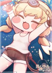  1girl arms_up artist_name belt blonde_hair blue_background breasts brown_belt brown_shorts chibi closed_eyes commentary_request dynamite explosive fewer_digits headlamp highres marie_(trickcal) open_mouth shorts sparkle_background tank_top trickcal twintails twitter_username whip white_tank_top yagami_yu 