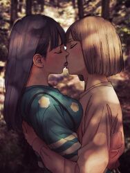  2girls aria_(vampeerz) black_hair blonde_hair breast_press breasts closed_eyes couple french_kiss from_side higashiyama_shou highres hug ichika_(vampeerz) kiss long_hair multiple_girls outdoors shirt short_hair sweater tongue tongue_out tree upper_body vampeerz yuri 