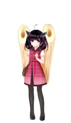  1girl absurdres ahoge bag black_pantyhose black_shoes blunt_bangs brown_hair closed_mouth dress edomura_niniko full_body headgear highres kiritanpo_(food) medium_hair official_art pantyhose pinafore_dress pink_dress plaid_clothes plaid_dress red_eyes second-party_source shirt shoes short_sleeves simple_background sleeveless sleeveless_dress solo standing touhoku_kiritan transparent_background twintails voiceroid white_shirt 