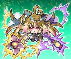  1girl antenna_hair black_bow black_capelet black_dress blonde_hair bow brooch capelet chibi commentary_request company_connection cure_arcana cure_arcana_shadow diamond_hairband dress dual_wielding energy frilled_capelet frilled_cuffs frilled_dress frills gradient_hair hair_intakes heart heart_brooch highres holding holding_staff jewelry kamen_rider kamen_rider_w long_hair mage_staff magical_girl makoto_jewel meitantei_precure! moria_luluka multicolored_hair open_mouth precure puffy_sleeves purple_veil purple_wrist_cuffs ribbon shine_arcana_rod smile solo staff tear_arcana_rod two-sided_capelet two-sided_fabric two-tone_dress two-tone_ribbon veil very_long_hair violet_eyes wakabayashi_makoto white_capelet white_dress white_veil winged_heart wrist_cuffs 