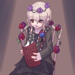  1girl black_dress blue_flower blue_rose book brown_eyes chair commentary_request cranberry_(mahoiku) dress flower forest_musician_cranberry_gaiden:_magical_girl_raising_project_unripe_duet hair_flower hair_ornament highres holding holding_book jewelry long_hair magical_girl mahou_shoujo_ikusei_keikaku multicolored_flower multicolored_rose nana_shichiam necklace pointy_ears purple_flower purple_rose red_nails ring rose sitting 