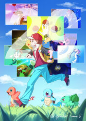  1girl 2boys absurdres alternate_color artist_name bad_id bad_pixiv_id baseball_cap black_jacket black_shirt black_shoes blonde_hair blue_pants blue_sky breasts brown_eyes brown_hair bulbasaur character_request charmander closed_mouth clouds cloudy_sky copyright_request day from_side full_body giratina giratina_(origin) grass groudon gyarados hat highres jacket kyogre messy_hair miniskirt multicolored_jacket multicolored_shoes multiple_boys n_(pokemon) outdoors pants pikachu poke_ball pokemon pokemon_(creature) pokemon_red/green/blue/yellow pokemon_sun_and_moon ponytail red_(pokemon) red_hat red_jacket red_shoes running shiny_pokemon shirt shoes short_hair short_sleeves skirt sky small_breasts smile squirtle syake_uma5 twitter_username two-tone_hat two-tone_shoes tying_hair upper_body watermark white_hat white_jacket white_shirt white_skirt 