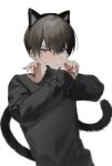  1boy :t animal_ears black_sweater blue_eyes blurry brown_hair cat_ears cat_tail closed_mouth depth_of_field fake_animal_ears fake_tail hair_between_eyes hands_up highres long_sleeves looking_at_viewer male_focus original short_hair simple_background sleeves_past_wrists solo sweater tail teardrop upper_body vumiposu white_background 