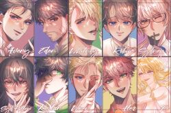  1girl 6+boys absurdres alex_(degrees_of_lewdity) alex_(male)_(degrees_of_lewdity) avery_(degrees_of_lewdity) avery_(male)_(degrees_of_lewdity) beard black_hair blonde_hair blue_eyes blue_necktie brown_eyes brown_hair card carrot character_name closed_mouth commentary cross degrees_of_lewdity eden_(degrees_of_lewdity) eden_(male)_(degrees_of_lewdity) english_commentary facial_hair glasses green_eyes hair_over_one_eye highres holding holding_cross kylar_(degrees_of_lewdity) kylar_(male)_(degrees_of_lewdity) mooncatbunnies multiple_boys mustache necktie one_eye_closed open_mouth player_character_(degrees_of_lewdity) player_character_(female)_(degrees_of_lewdity) playing_card red_hair robin_(degrees_of_lewdity) robin_(male)_(degrees_of_lewdity) scar scar_across_eyebrow scar_on_cheek scar_on_face simple_background smile sydney_(degrees_of_lewdity) sydney_(male)_(degrees_of_lewdity) whitney_(degrees_of_lewdity) whitney_(male)_(degrees_of_lewdity) 