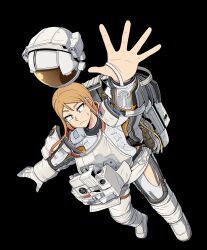  absurdres arm_up black_background blonde_hair blue_eyes constricted_pupils cut-away diagram exploded_diagram floating floating_object galois helmet highres long_hair midair odyssey_(galois) open_clothes outstretched_arm outstretched_hand simple_background spacesuit sweatdrop unworn_headwear unworn_helmet zero_gravity 